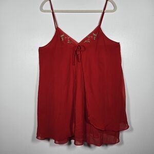 Delicates Red Embroidered Rose Detail Layered Chiffon Cami Nighty Negligee Large